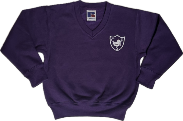 Russell Purple V-Neck Sweatshirt Inc Embroidered Logo